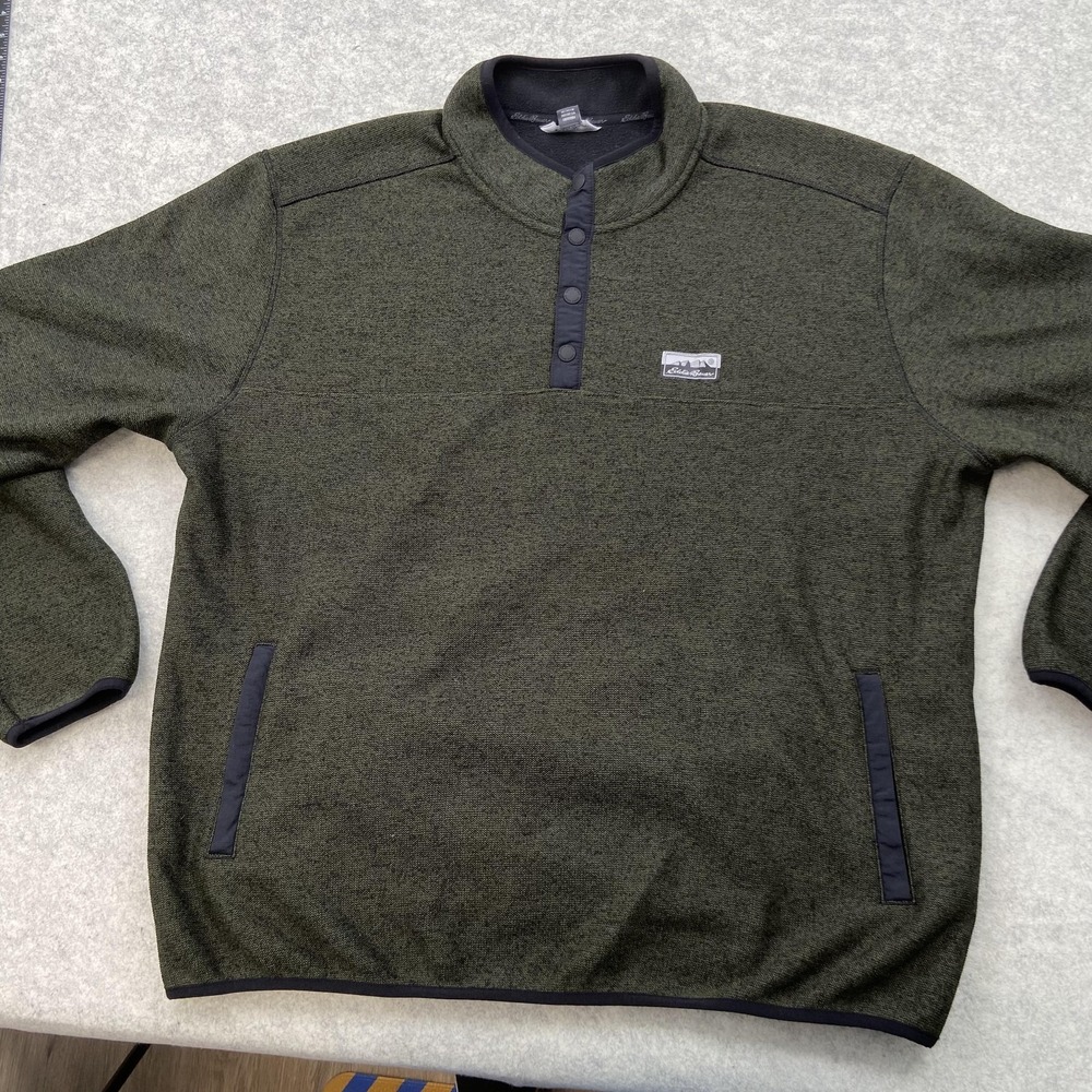 Eddie Bauer Sweatshirt Mens 2XL Green Snap Mock Neck Fleece Pullover Pockets